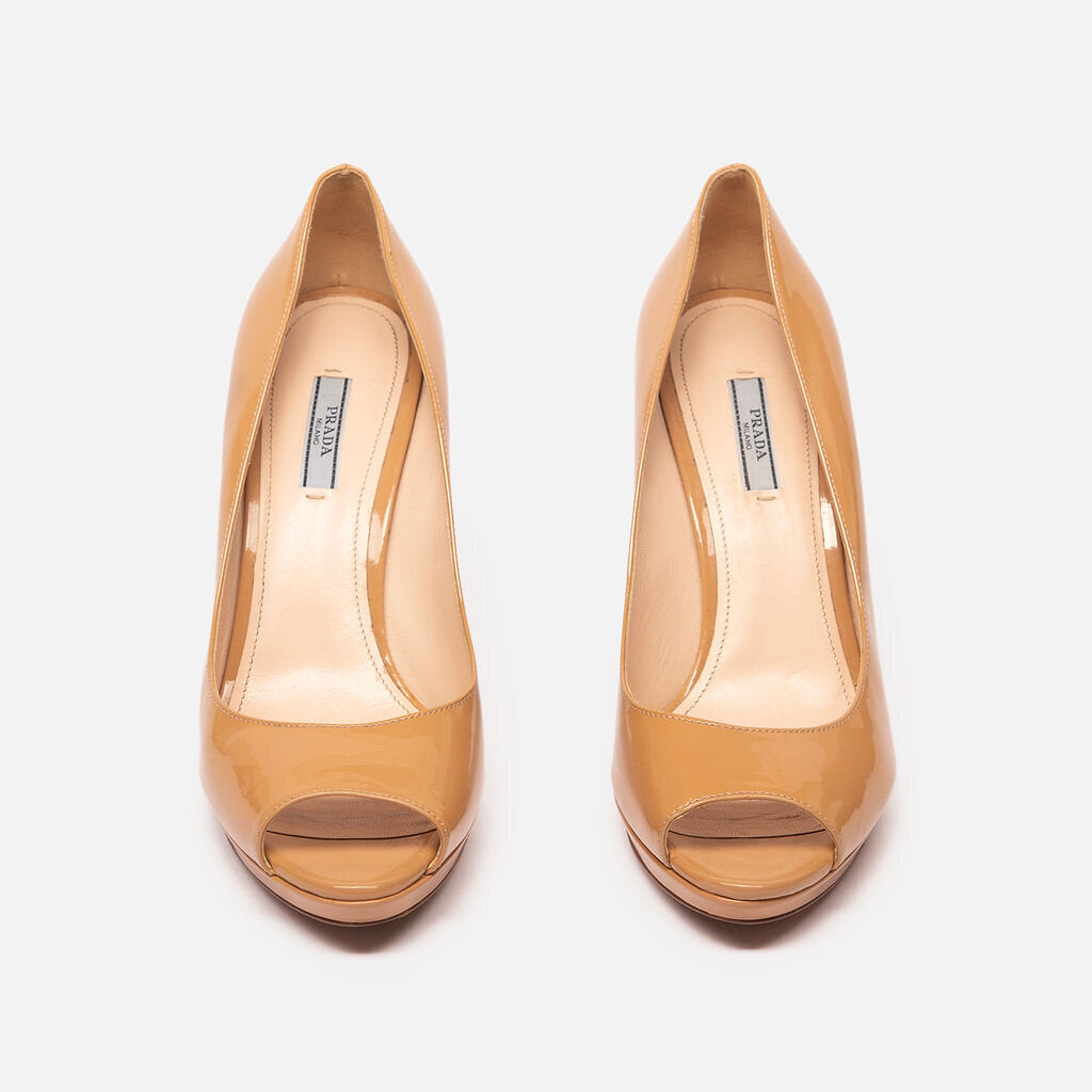 Prada Beige Patent Peep Toe Pumps