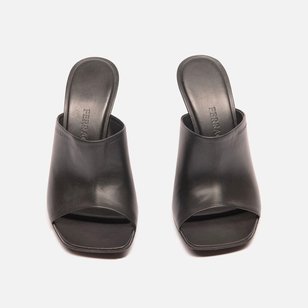 Ferragamo Black Leather Mule with Gold Sculpted Heel