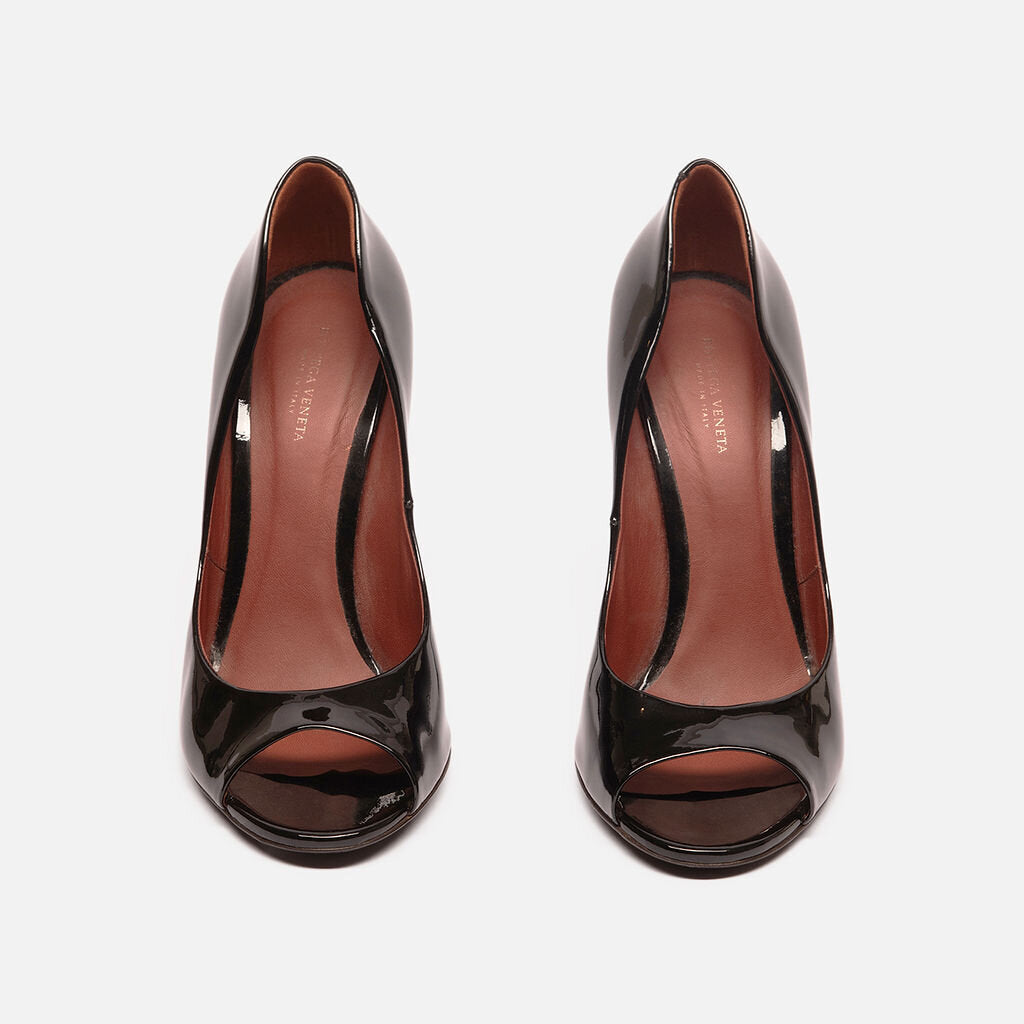 Bottega Veneta Black Patent Peep Toe Pumps