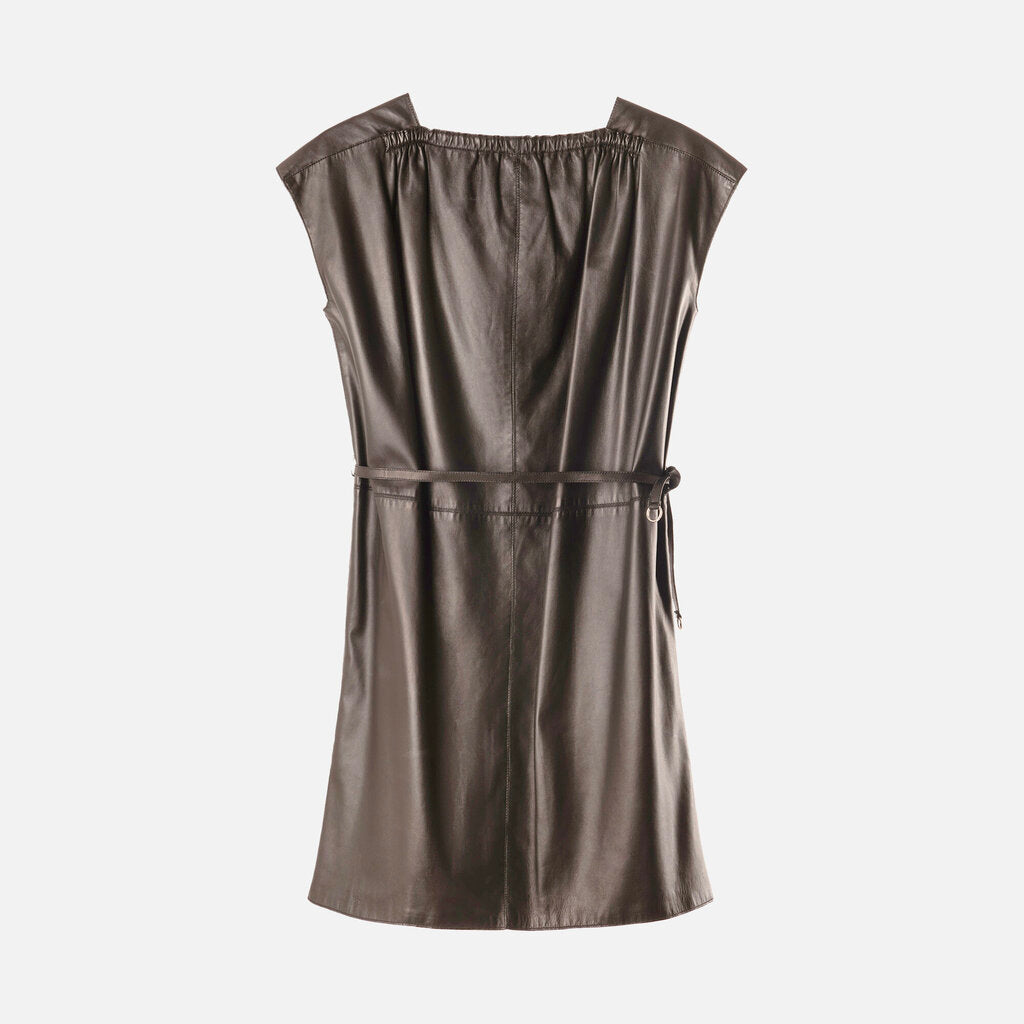 Hermes Black Leather Belted Sleeveless Dress