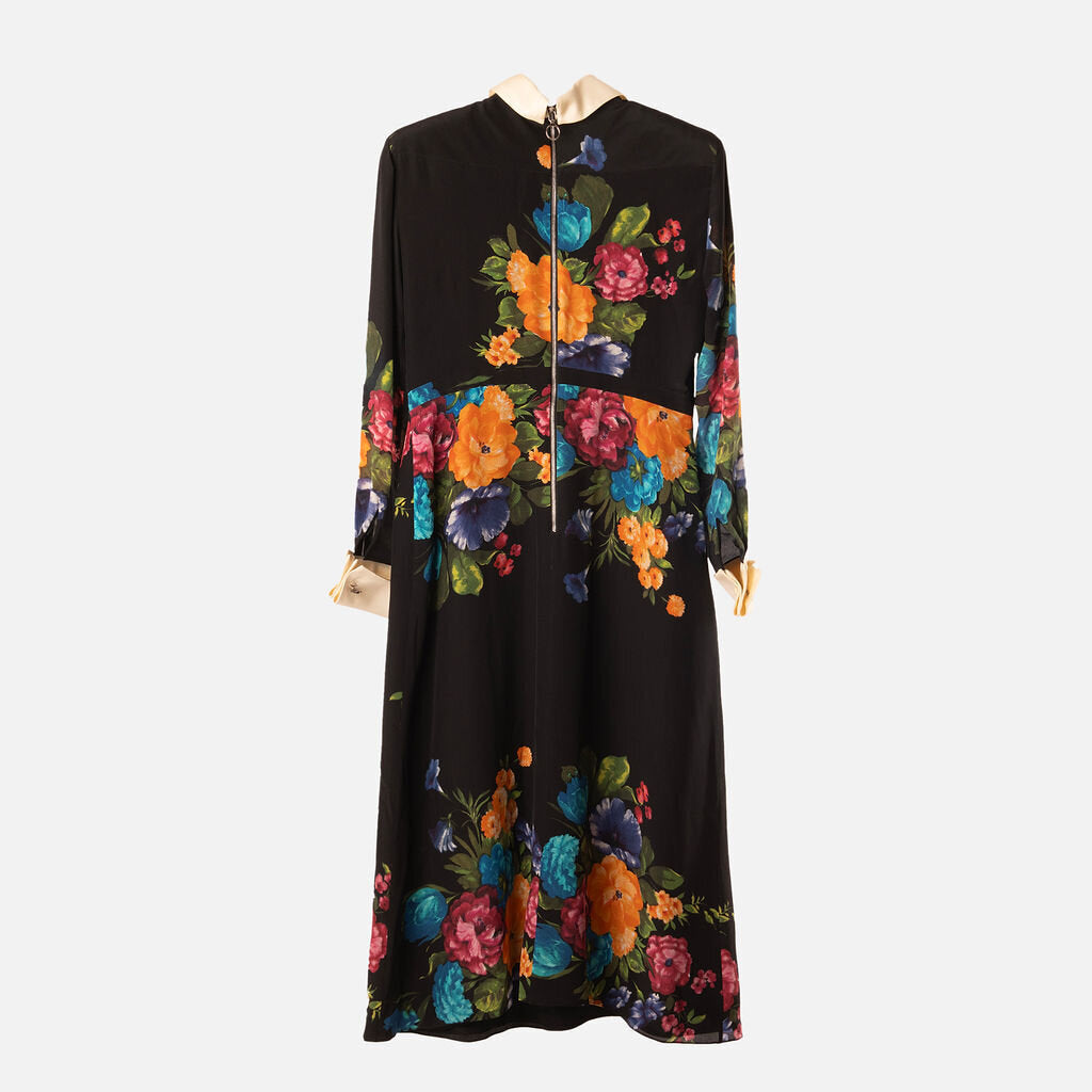 Gucci Black & Muli Floral Silk Midi Dress