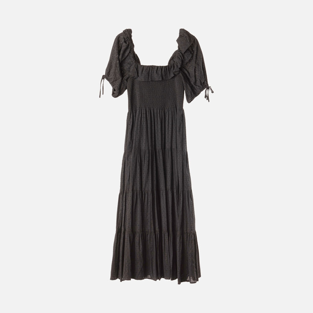 Hill House Black Swiss Dot Gathered Ruffled Neck Tiered Maxi