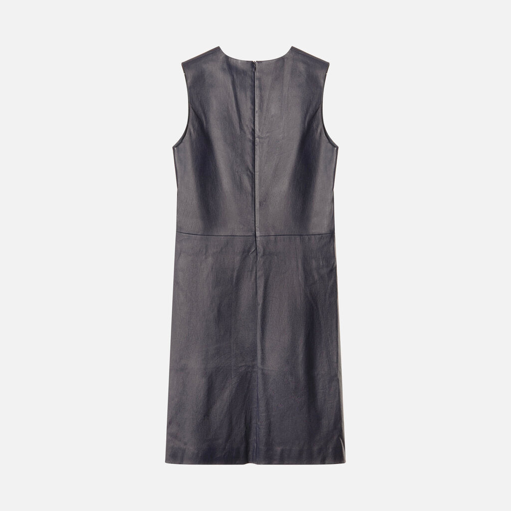 The Row Navy Leather Sleeveless Midi Dress