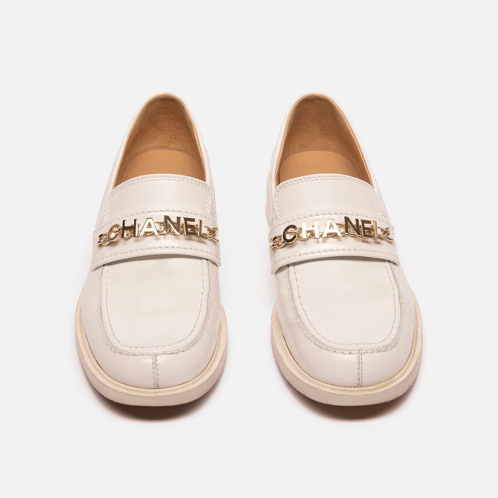 Chanel White Patent Logo Loafer
