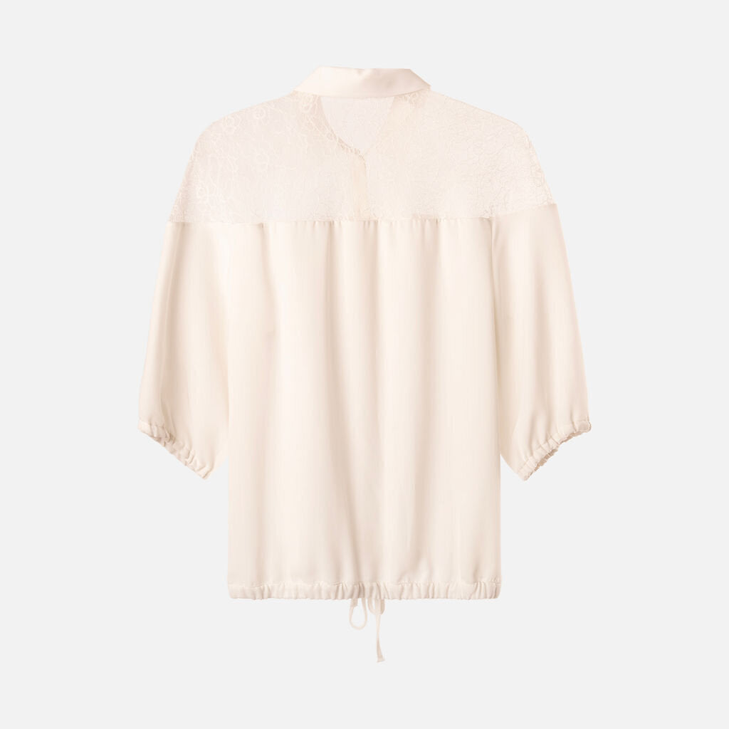 Ann Fontaine White Poly Lace SS Button Up Top