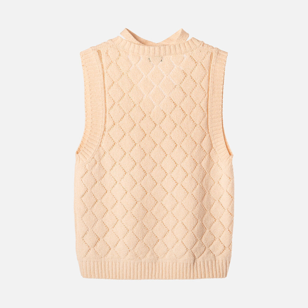 Beige Cotton Diamond Quilted Sweater Vest