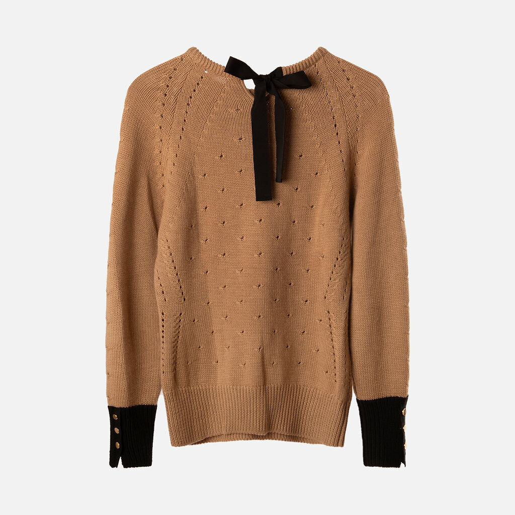 Oscar by Oscar de la Renta Tan/Black Wool Back Tie Sweater