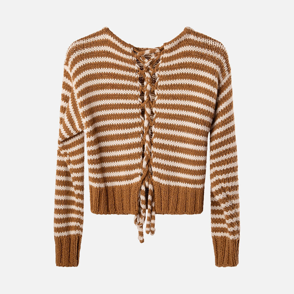 Chloe Brown/White Cotton Blend Striped Sweater