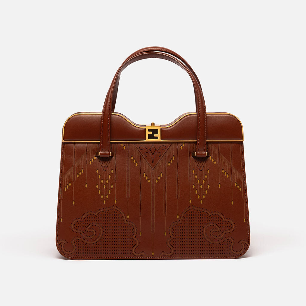 Fendi Brown Laser Cut Leather Top Handle Bag