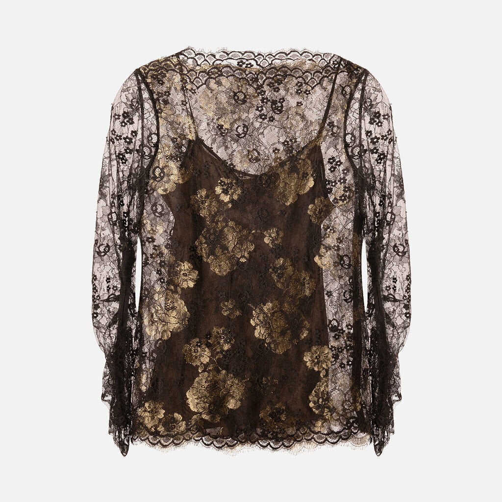 Oscar de la Renta Black Floral Lace Overlay Gold Metallic Top