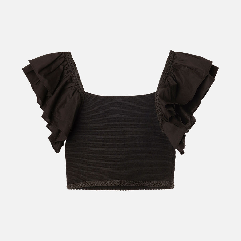 Line + Dot Black Rayon Cropped Ruffle Sleeve Top