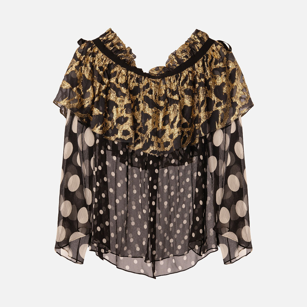 Nina Ricci Polkadot Silk Metallic Off-Shoulder Blouse
