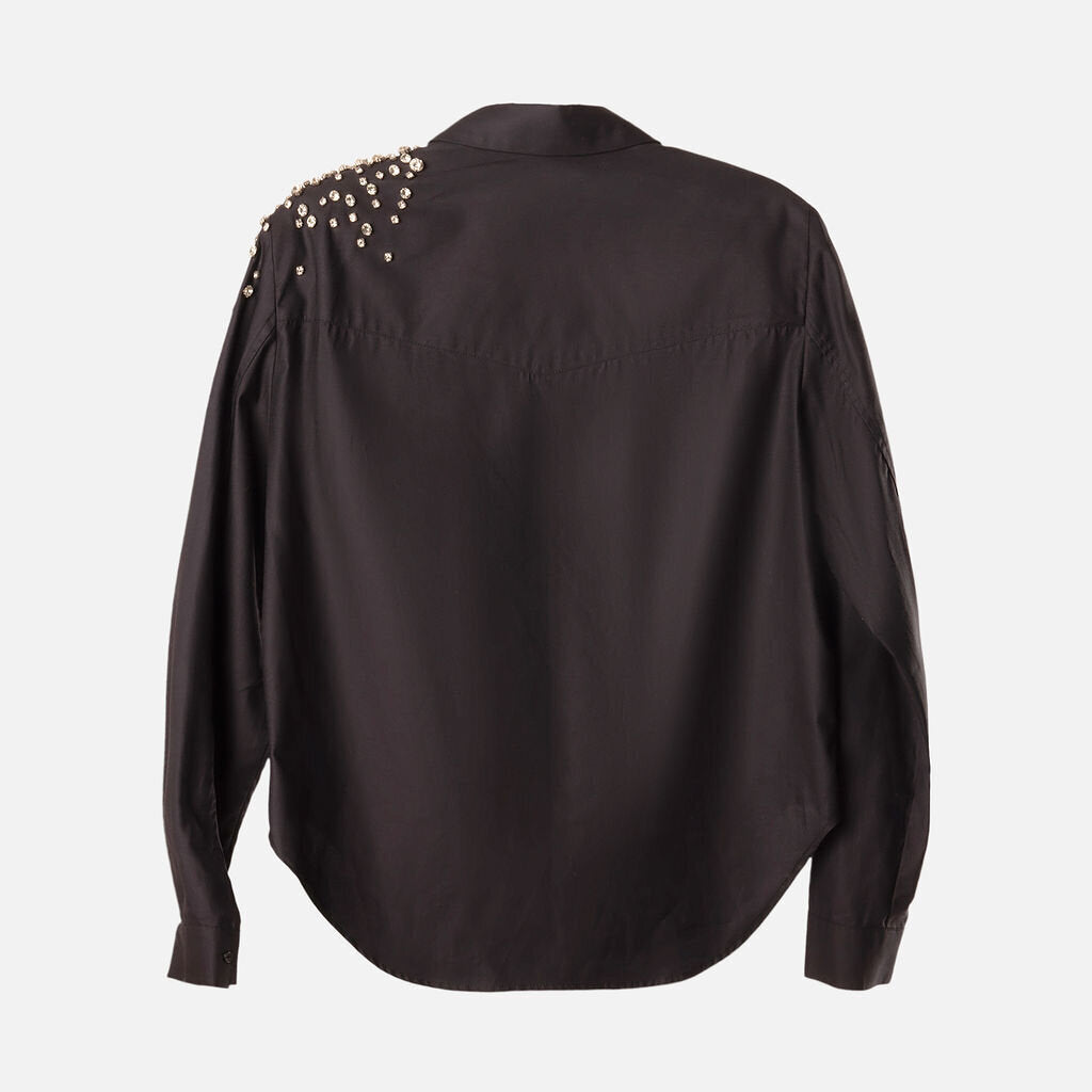 Helessy Navy Cotton Crystal Embellished Button Up Top