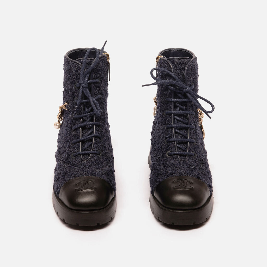Chanel Navy Tweed Faux Pearl Chain Ankle Boot