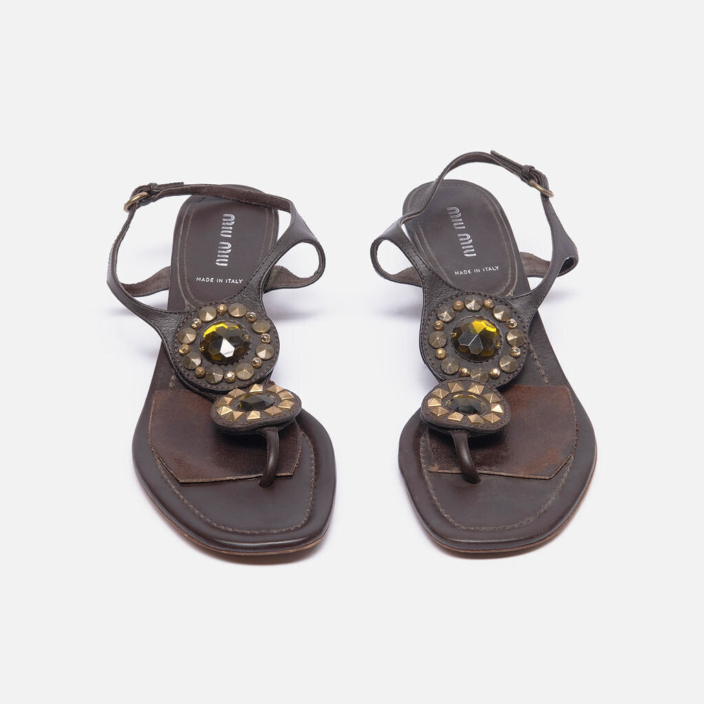Miu Miu Brown Leather Embellished Sandal