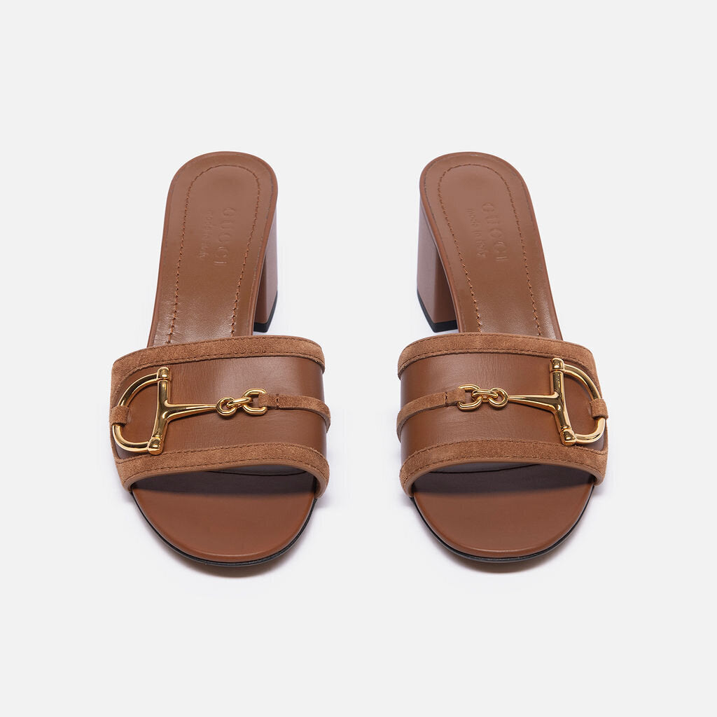 Gucci Brown Leather Heeled Horsebit Slides