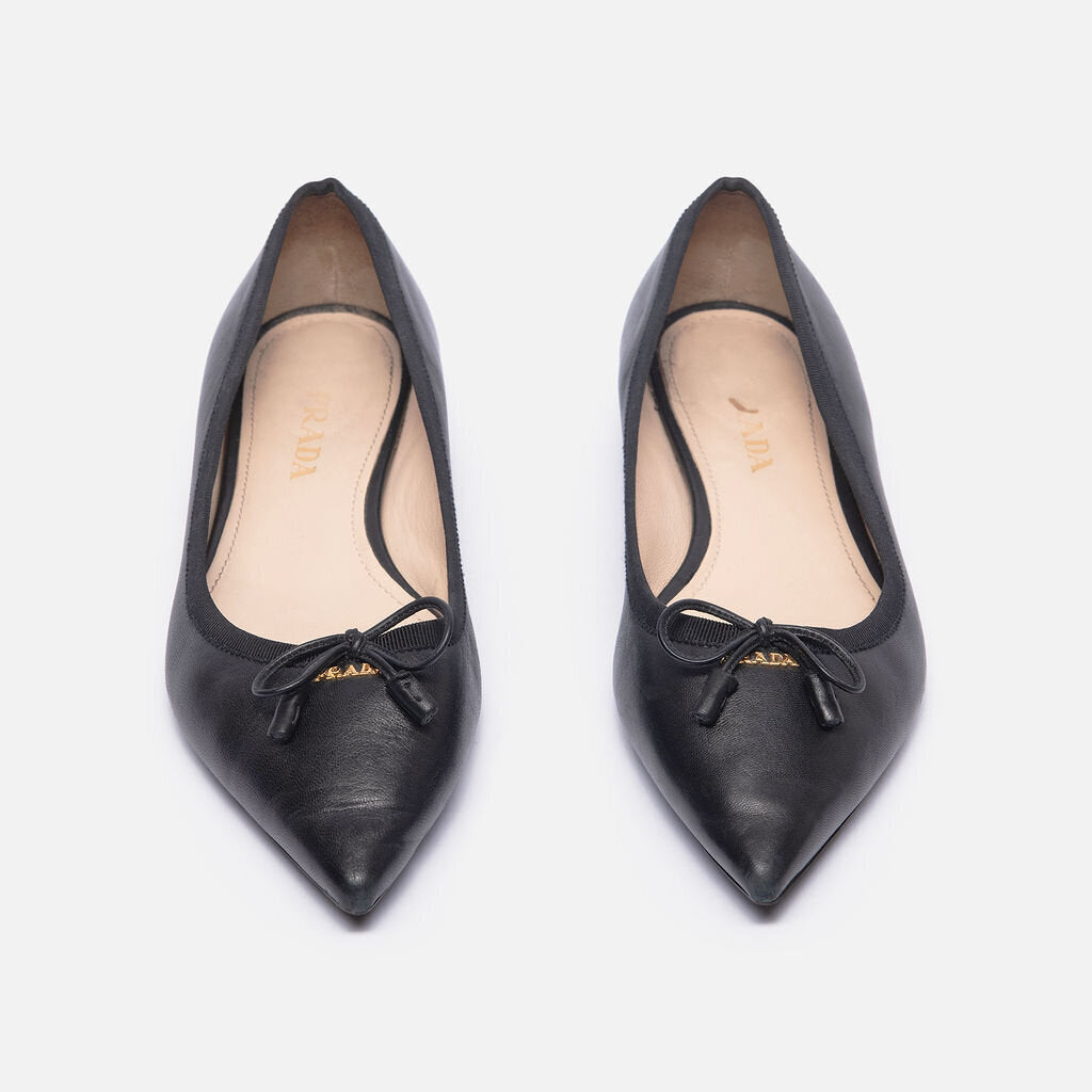 Prada Black Leather Point Toe Flats