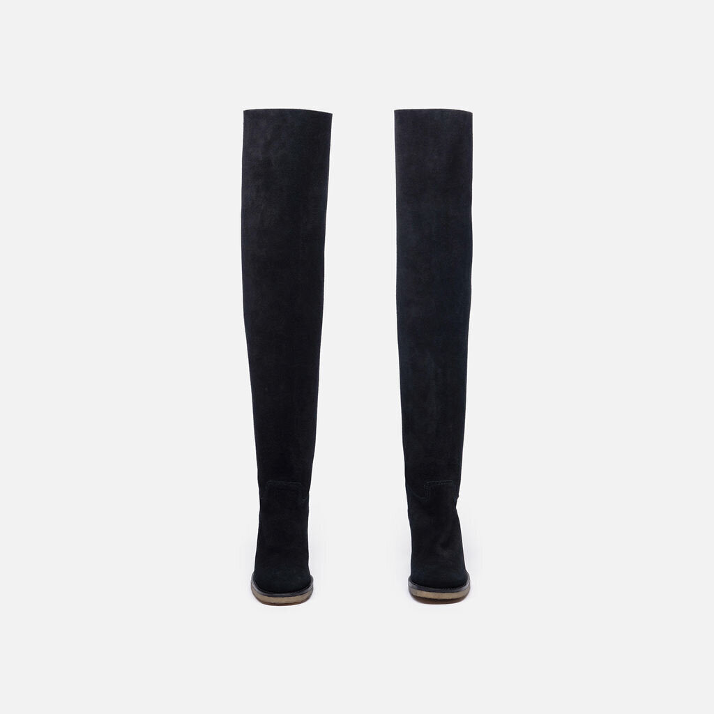 Chanel Black Suede Over the Knee Wedge Heel