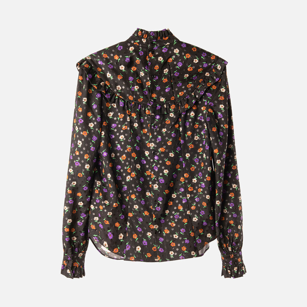 Saint Laurent Black Silk Blend Floral Print Ruffle Blouse