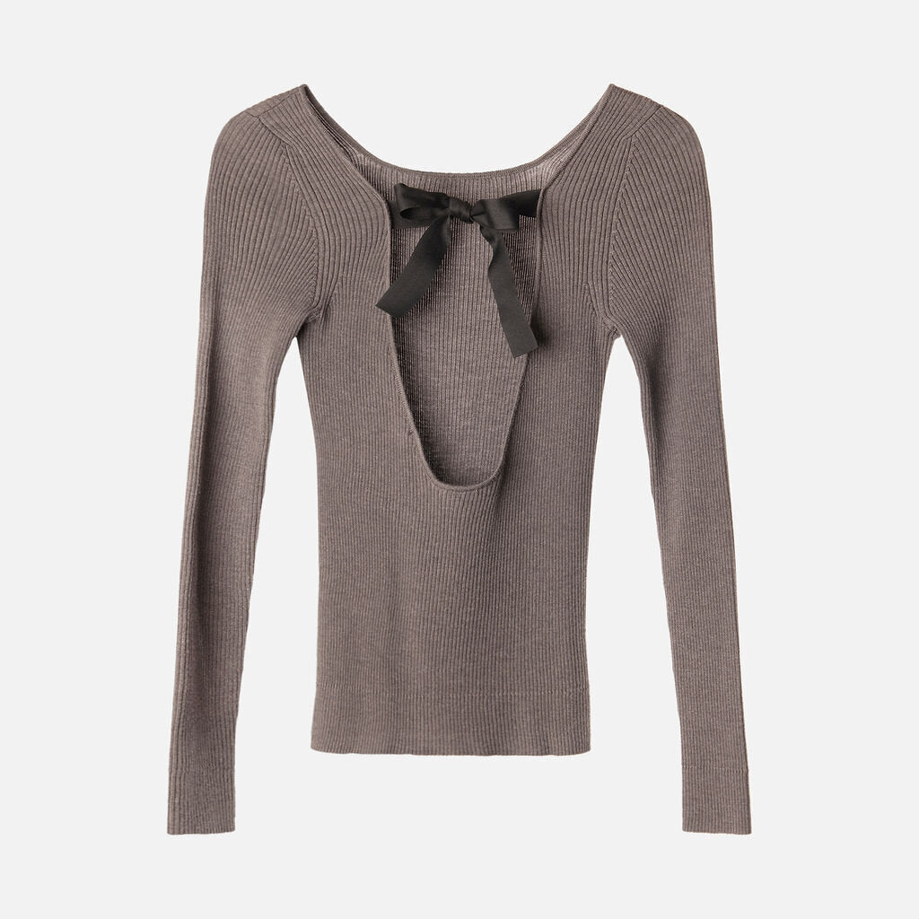 Nackiye Grey Ribbed Ribbon Tie Back Wool/Silk Blend Sweater