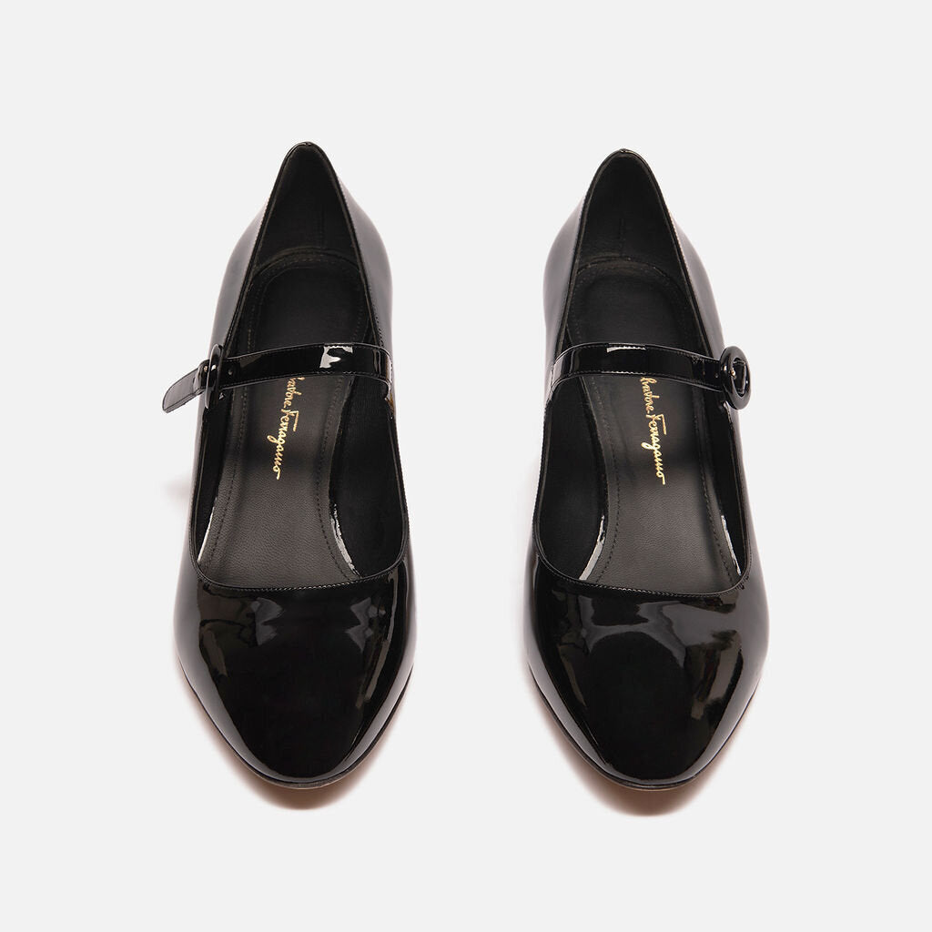 Ferragamo Black Patent Leather Mary Janes with Gold Heel