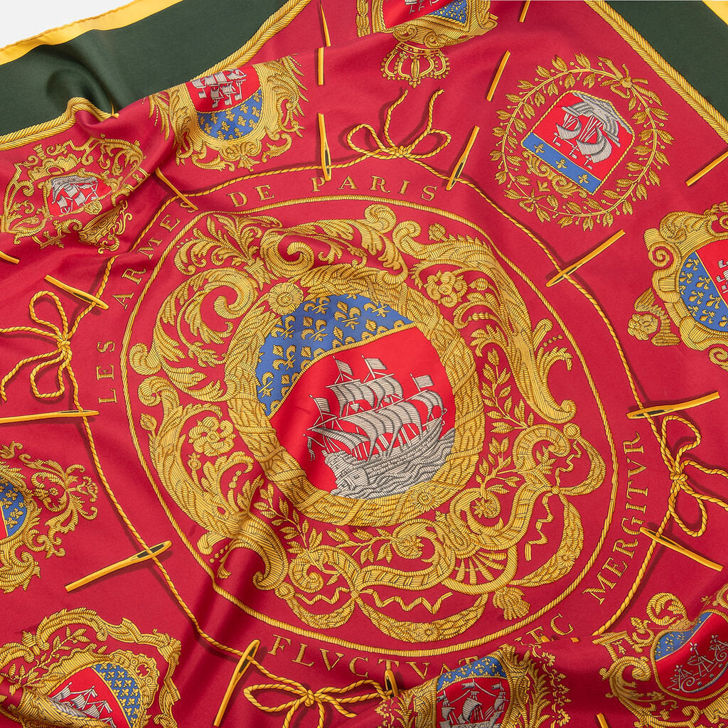 Hermes Red, Green & Gold Silk Print Scarf