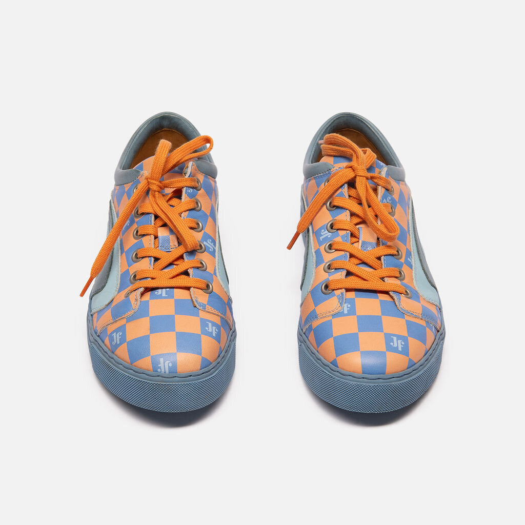 John Fluevog Orange & Blue Check Leather Sneakers