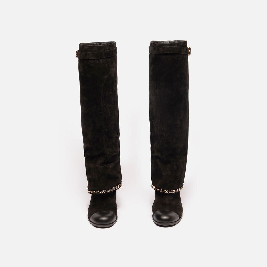 Chanel Black Suede Knee High Gold Chain Boots