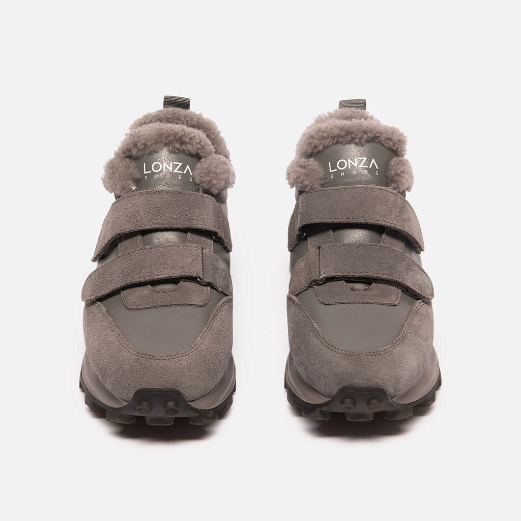 Lonza Grey Leather & Shearling Velcro Sneakers