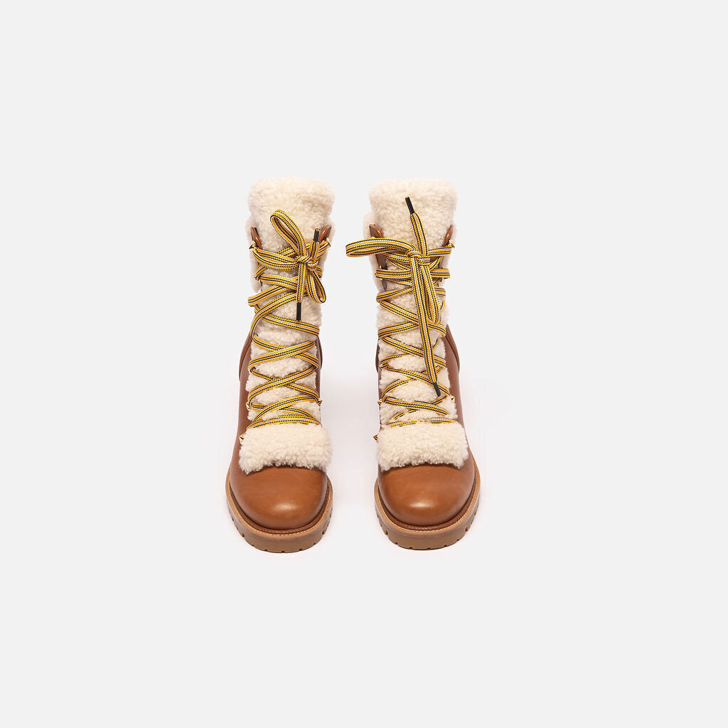 Christian Louboutin Brown Leather Shearling Lace Up Heel Boots