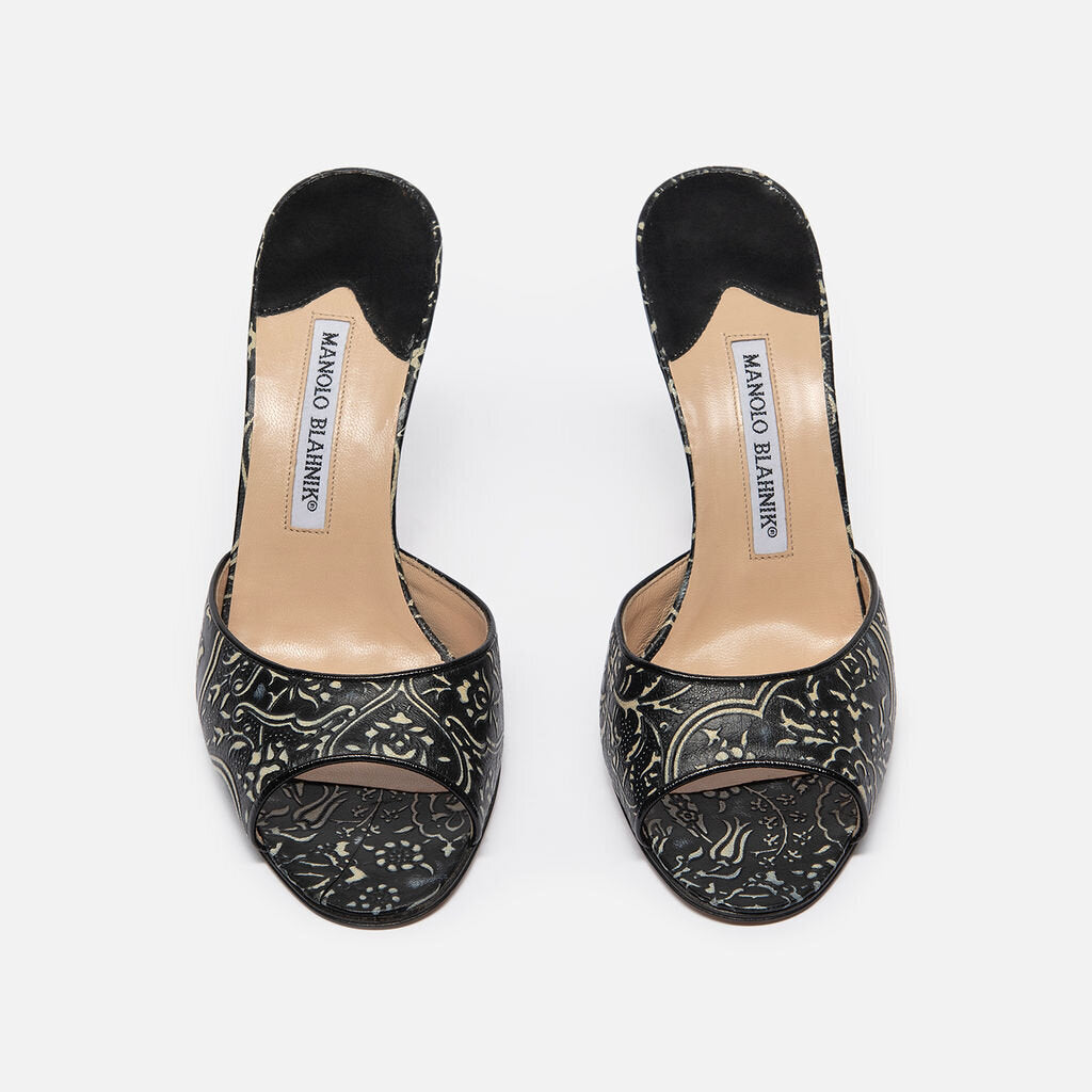 Manolo Blahnik B&W Floral Embossed Leather Pump