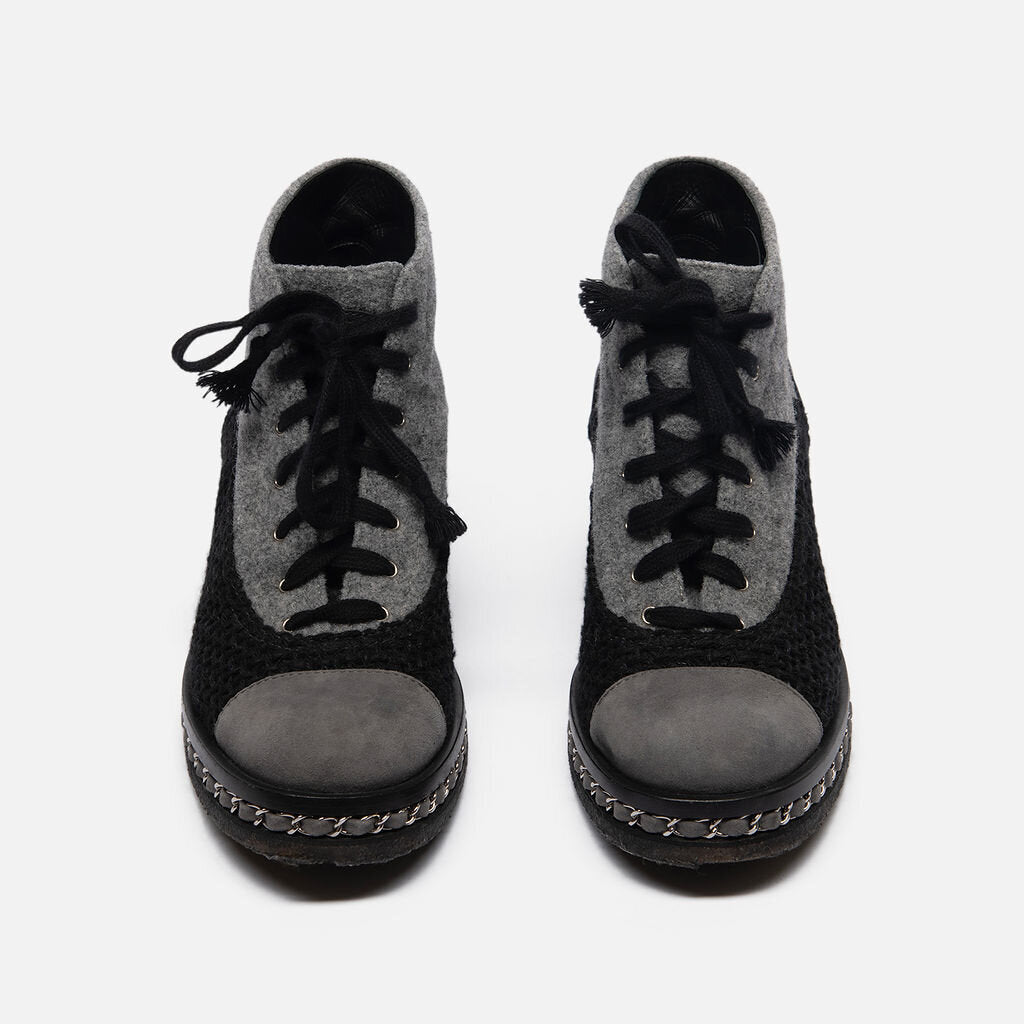 Chanel Black & Grey Wool Leather Lace Up Boot