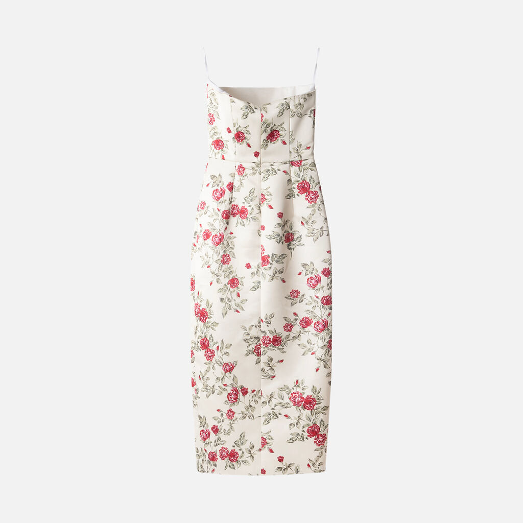 Emilia Wickstead Cream Satin Rose Printed Strapless Dress