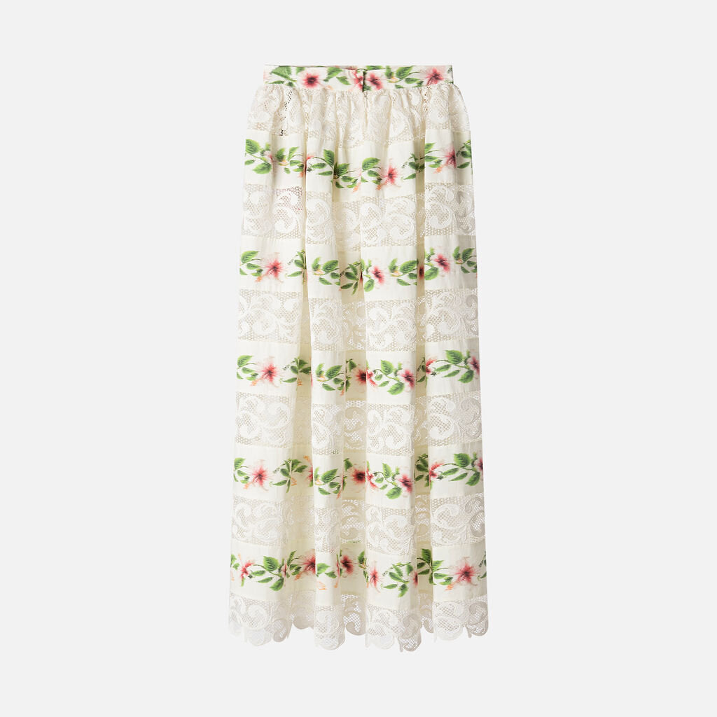 Oscar de la Renta White Hibiscus-Print Lace-Trim Crop Top & Skirt Set