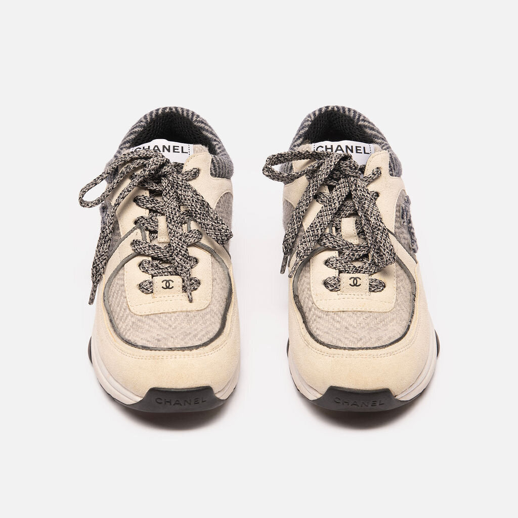 Chanel Cream and Gray Suede Knit CC Sneaker