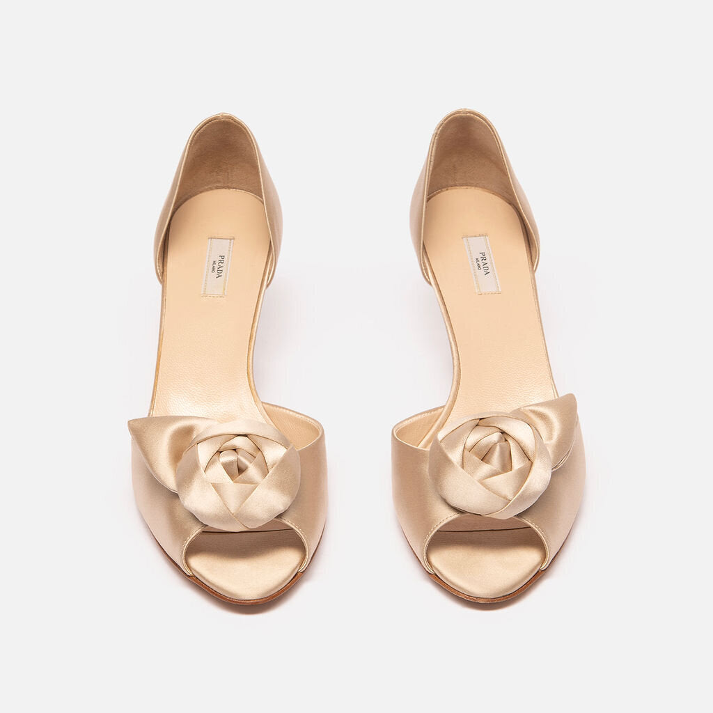 Prada Champagne Satin Rose Peep Toe Pump