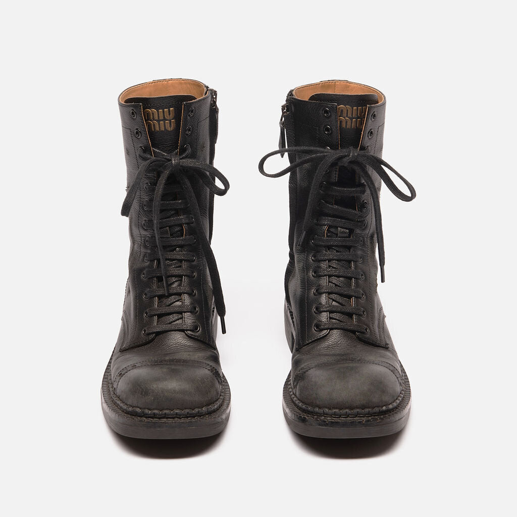 Miu Miu Black Leather Lace Up Boots
