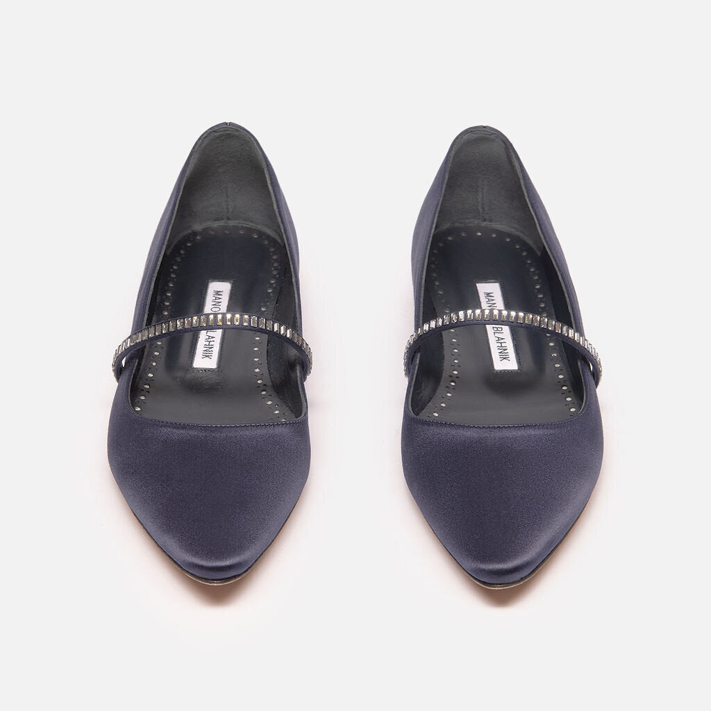 Manolo Blahnik Navy Blue Satin Embellished Mary Jane Flat