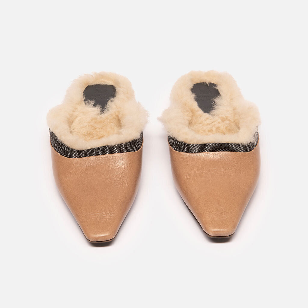Brunello Cucinelli Beige Leather Monili Bead Shearling Mules