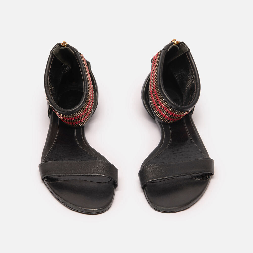 Alexander McQueen Black Leather Beaded Ankle Strap Sandal