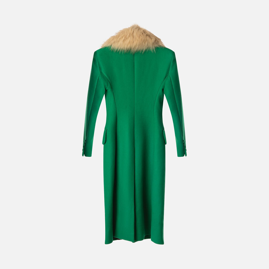 Khaite Emerald Green Wool Coat with Faux Fur Collar