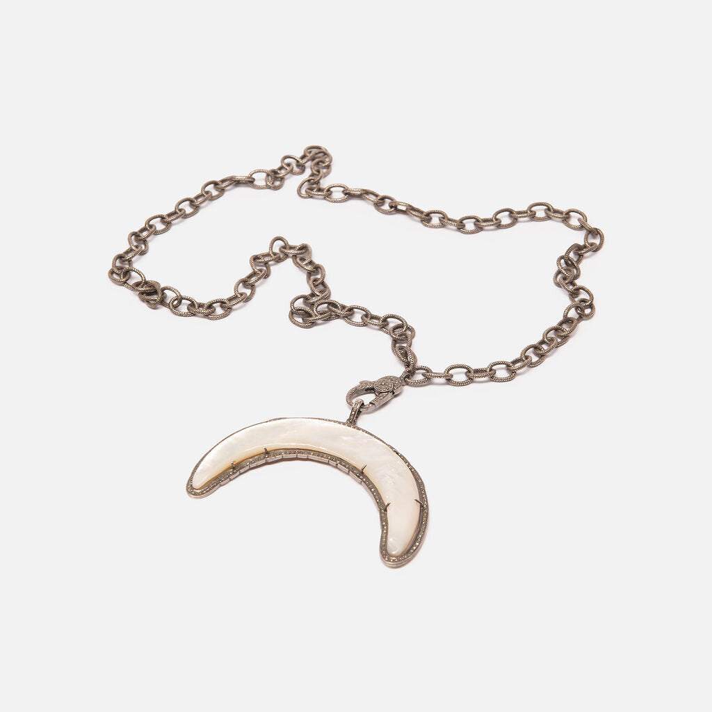 Oxidized Sterling Mother of Pearl Crescent Moon Necklace