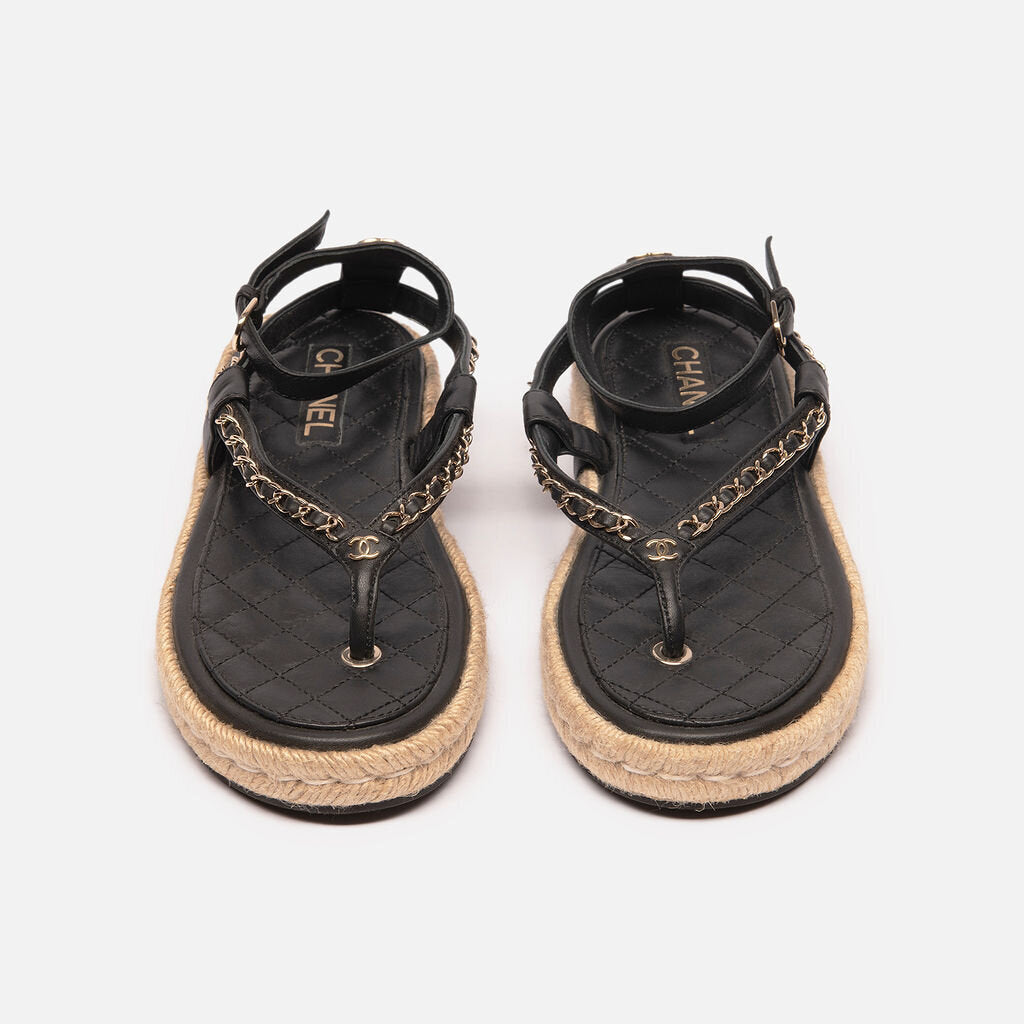 Chanel Black Leather CC Chain Link Thong