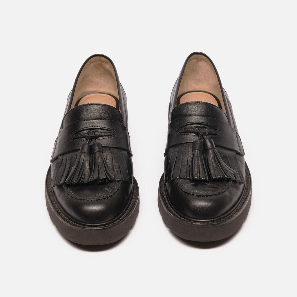 Stuart Weitzman Black Leather Tassel Loafer