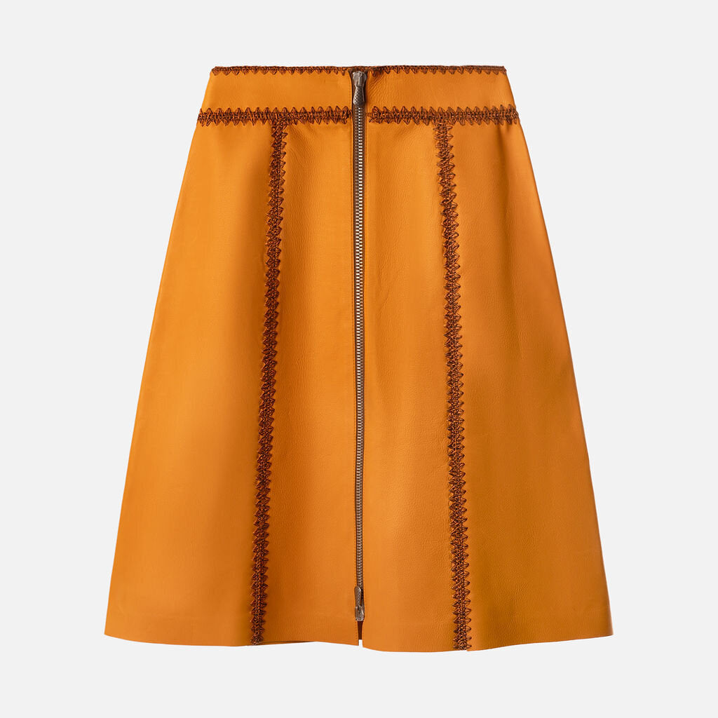 Bottega Veneta Orange Leather Stitch Midi Skirt