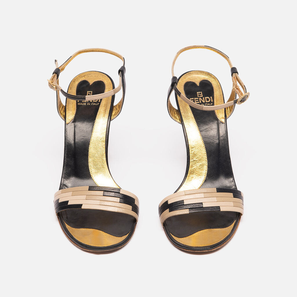 Fendi Black, Tan, and Gold Wedges