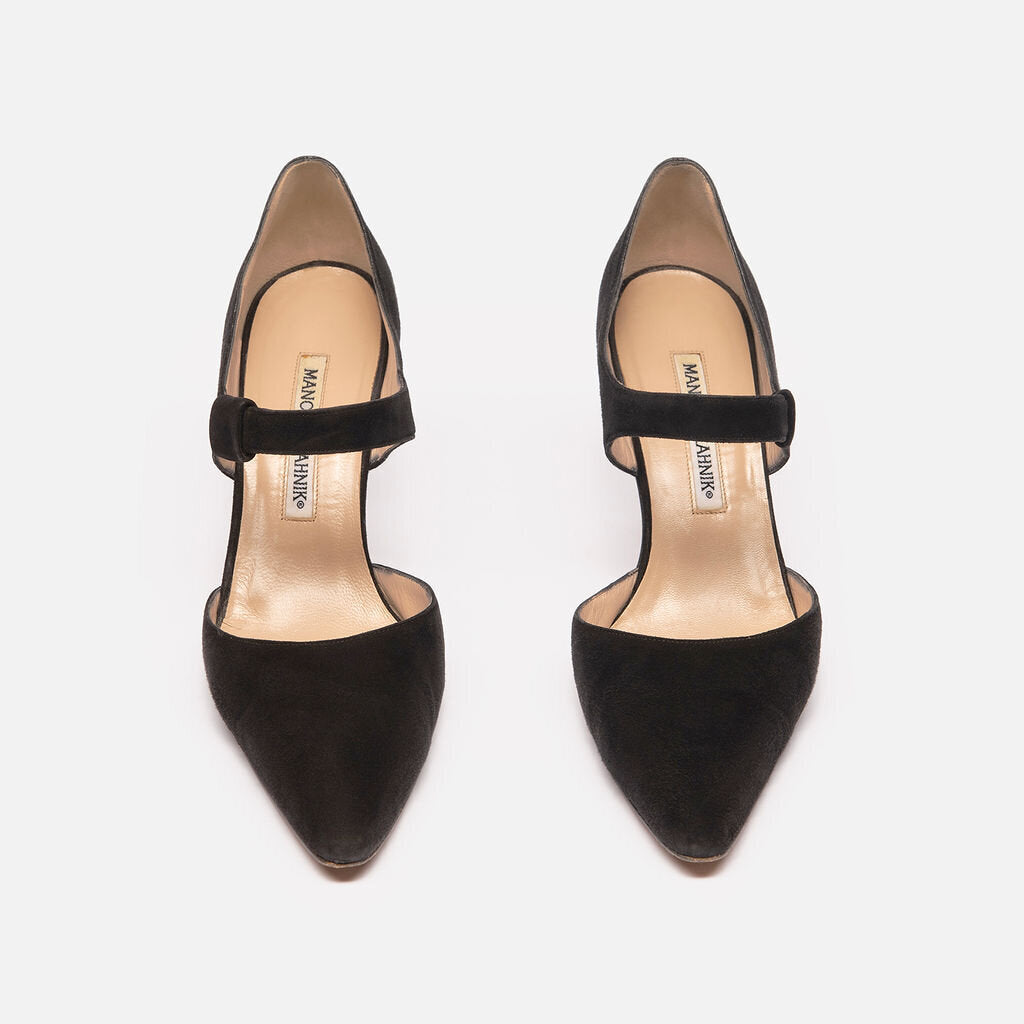 Manolo Blahnik Black Suede Mary Jane Heels