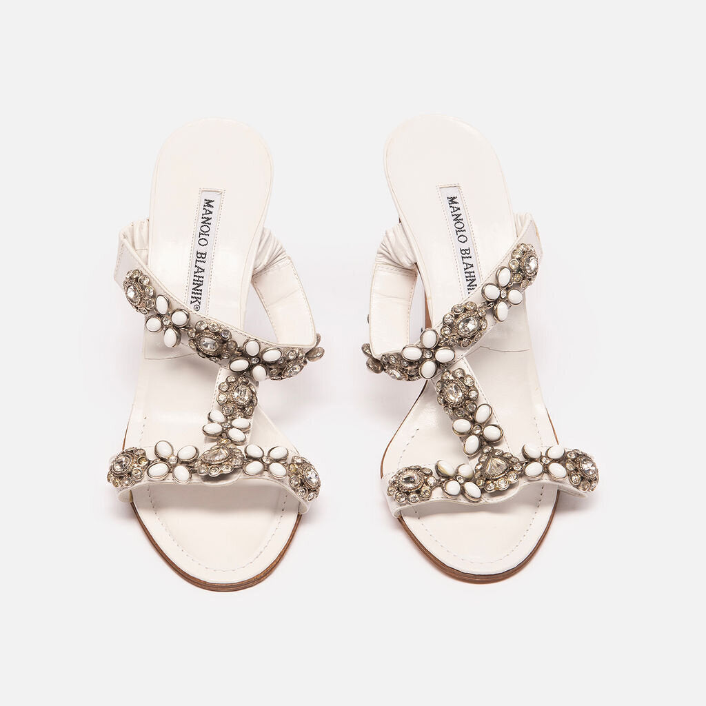 Manolo Blahnik White Leather Jewel Heels