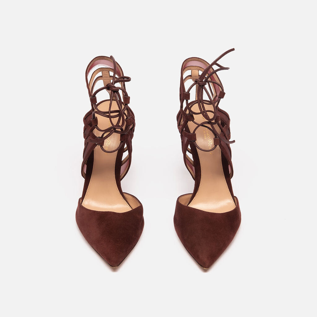 Gianvito Rossi Burgundy Suede Mesh Strappy Heels