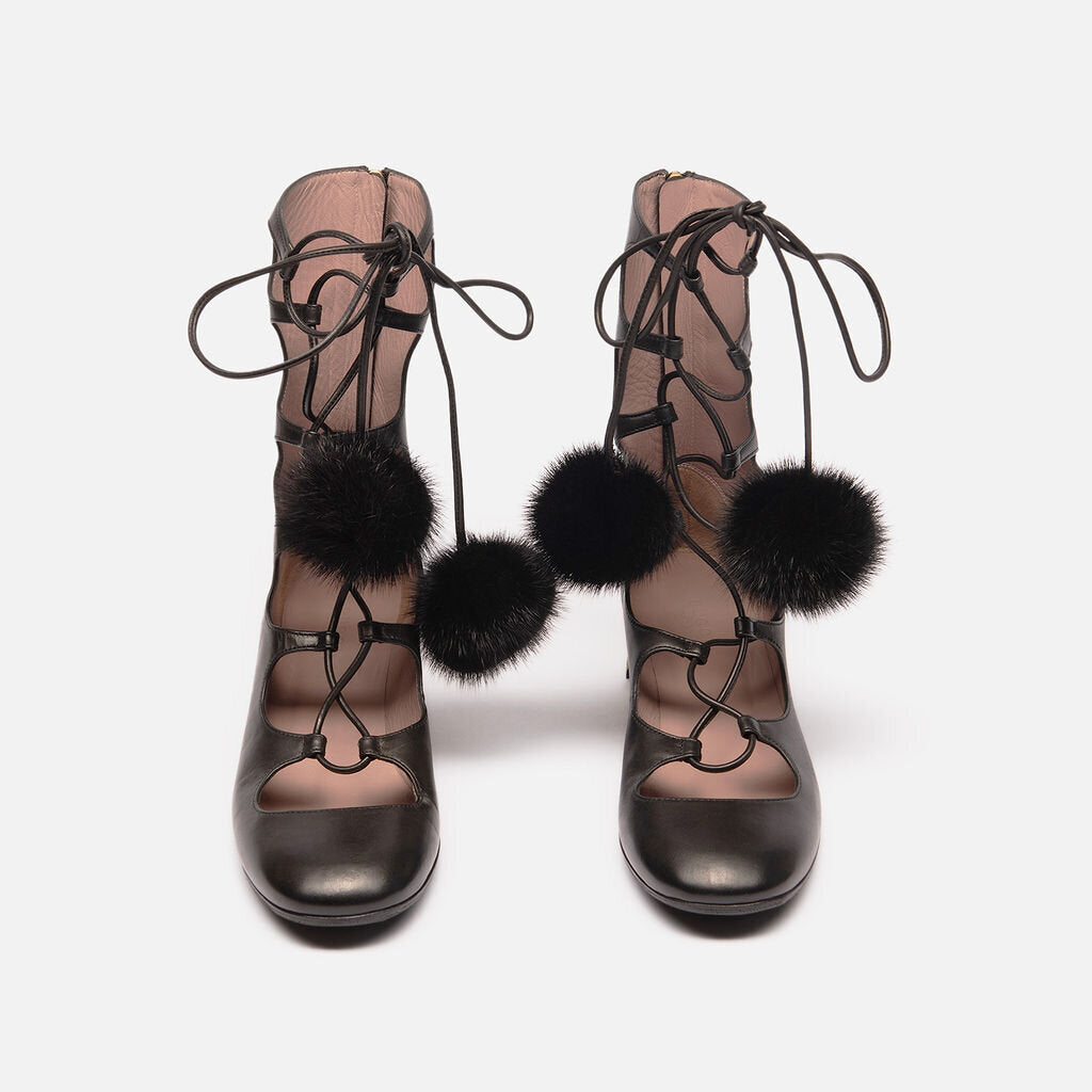 Gucci Black Leather Lace Up Gold Heels